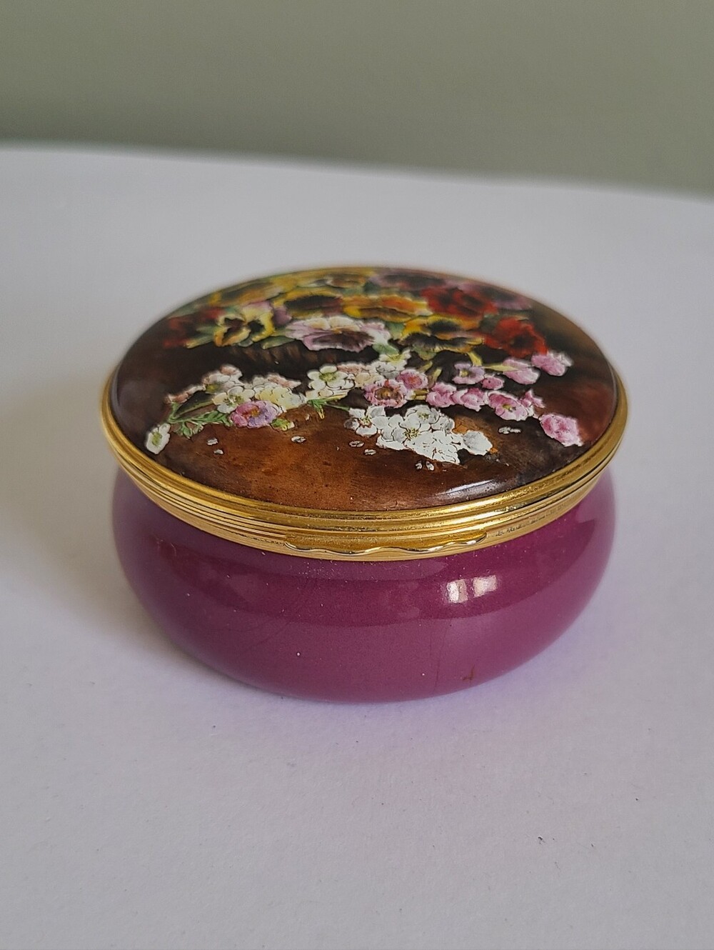 Vintage Halcyon Days England Floral Pansy Purple 2.5" Collectible Trinket Box